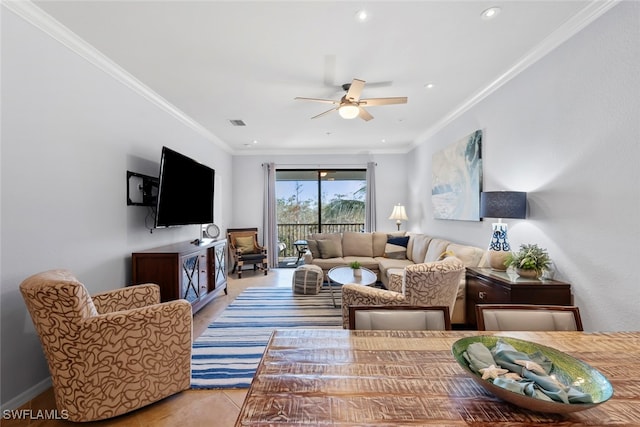 living room with light tile patterned floors, ceiling fan, and crown molding