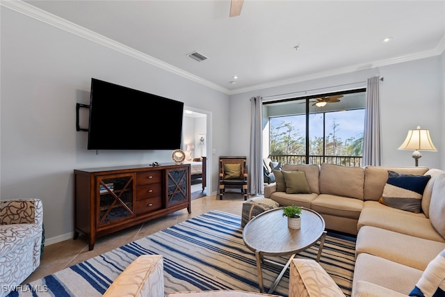 tiled living room with ceiling fan and ornamental molding