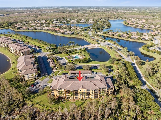 aerial view featuring a water view