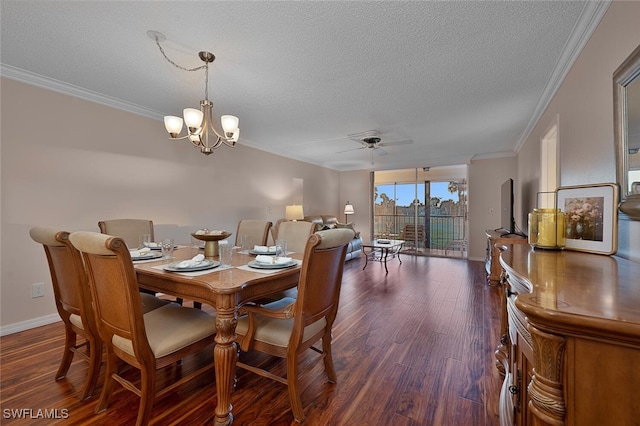 dining space featuring ornamental molding, dark hardwood / wood-style floors, ceiling fan with notable chandelier, and a textured ceiling