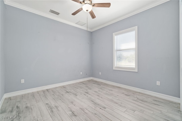 empty room featuring ceiling fan, crown molding, and light hardwood / wood-style flooring