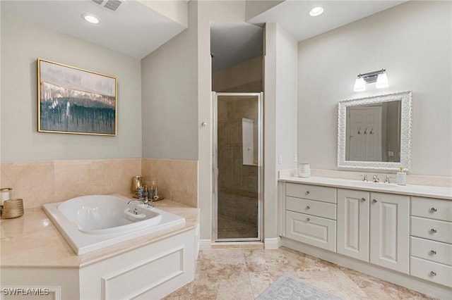 bathroom with separate shower and tub, tile patterned flooring, and vanity