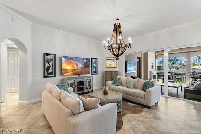 living room featuring a notable chandelier, light tile patterned floors, and crown molding