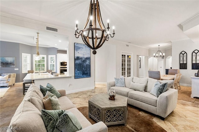 living room featuring sink and crown molding