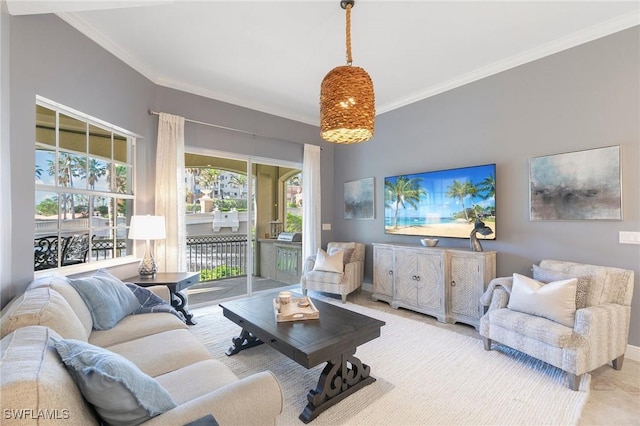 tiled living room featuring ornamental molding