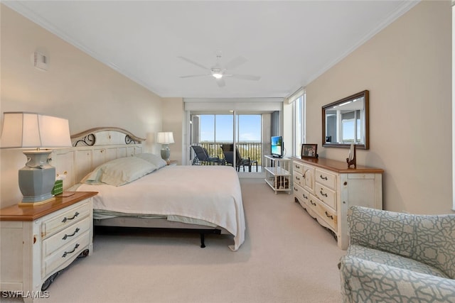 bedroom featuring light colored carpet, ceiling fan, and crown molding