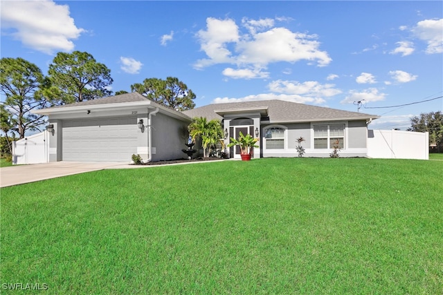 ranch-style home featuring a front yard and a garage