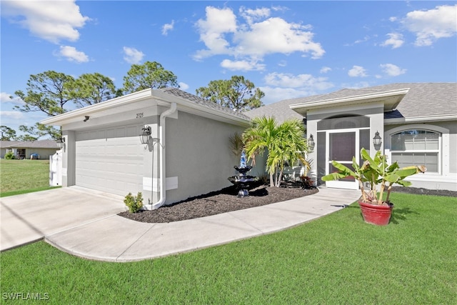 ranch-style house featuring a garage and a front lawn