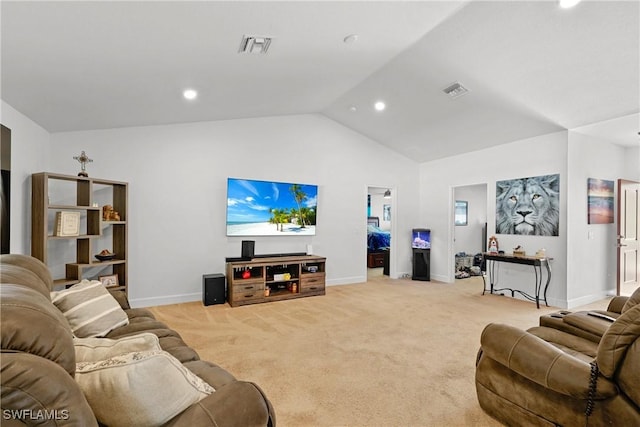 carpeted living room featuring vaulted ceiling