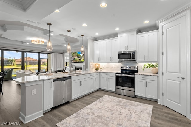 kitchen with hanging light fixtures, white cabinetry, sink, and stainless steel appliances