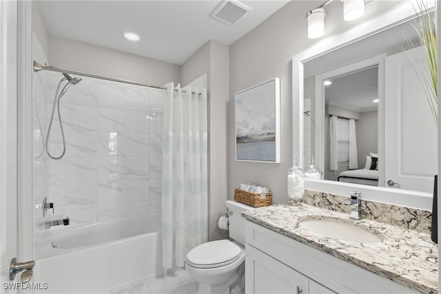 full bathroom with vanity, toilet, and shower / bathtub combination with curtain