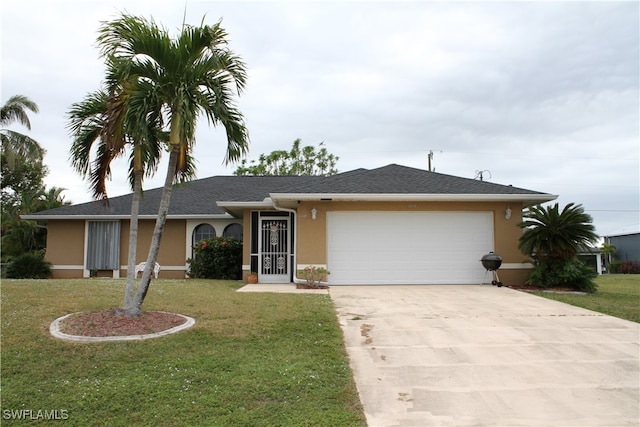 ranch-style house with a front yard and a garage