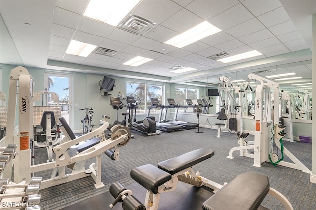 exercise room with carpet, a drop ceiling, and a healthy amount of sunlight