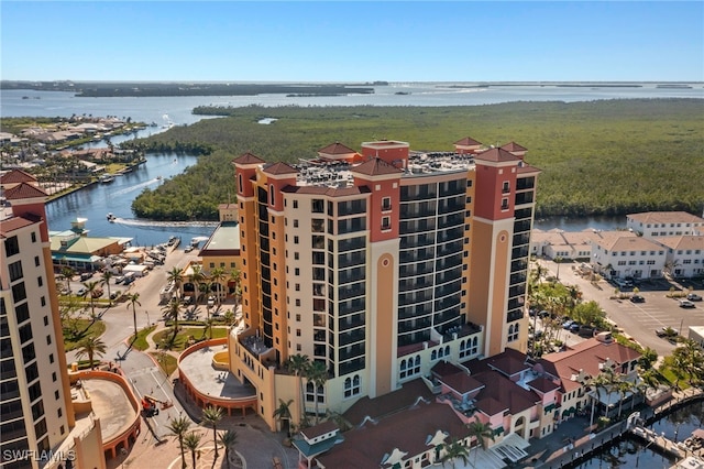 drone / aerial view with a water view