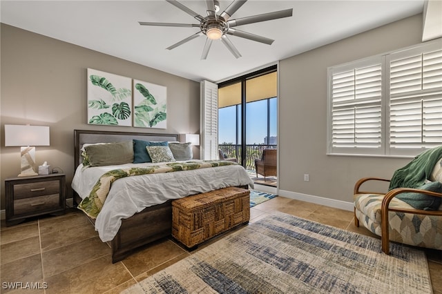 bedroom with access to exterior, tile patterned flooring, and ceiling fan