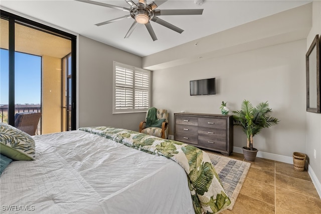 tiled bedroom featuring access to exterior and ceiling fan