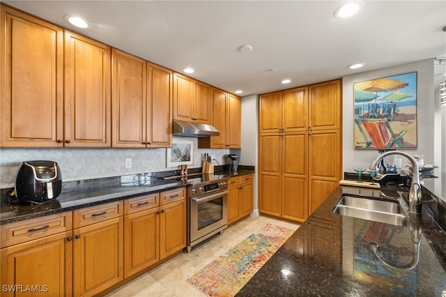 kitchen with dark stone countertops, decorative backsplash, stainless steel range, and sink