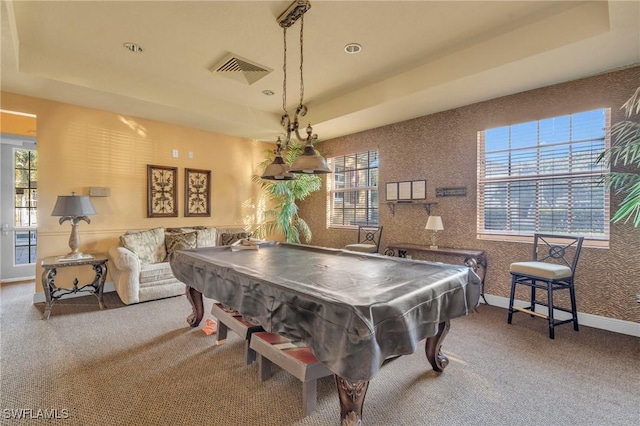 rec room with a raised ceiling, carpet floors, and billiards