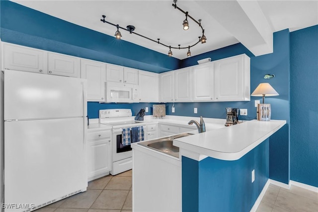 kitchen featuring white cabinets, white appliances, kitchen peninsula, and sink