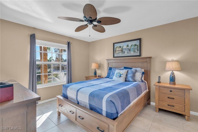 tiled bedroom with ceiling fan