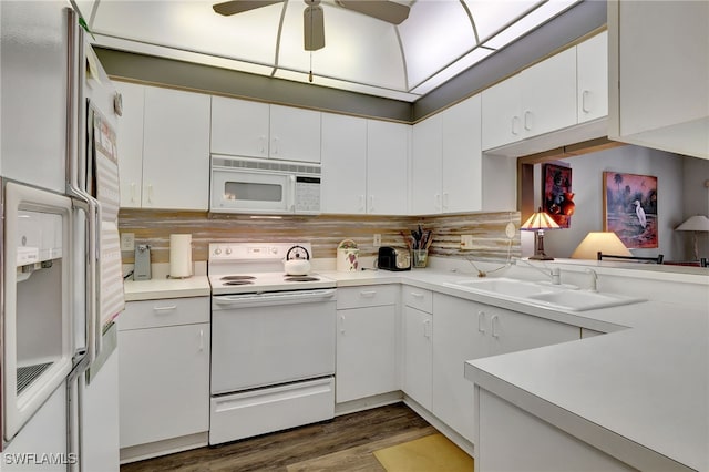 kitchen with ceiling fan, sink, white cabinets, and white appliances