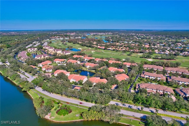 drone / aerial view with a water view