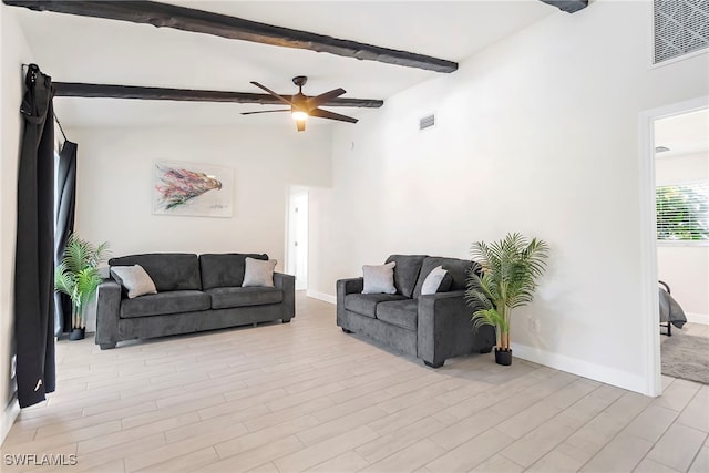 living room with beam ceiling, high vaulted ceiling, light hardwood / wood-style flooring, and ceiling fan