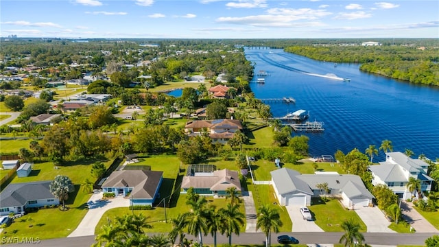 bird's eye view with a water view