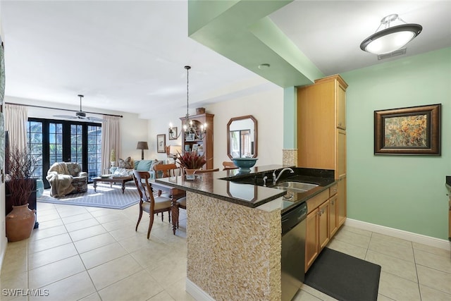 kitchen with kitchen peninsula, light tile patterned flooring, stainless steel dishwasher, and sink