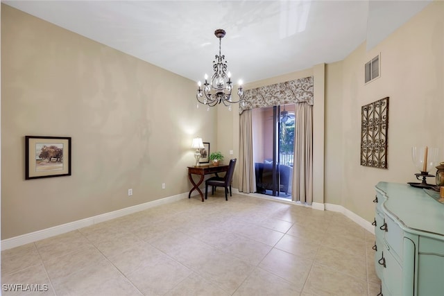 interior space with light tile patterned floors and a chandelier