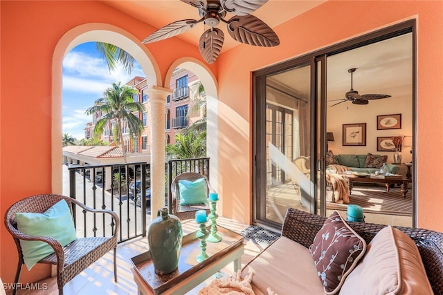 balcony featuring ceiling fan