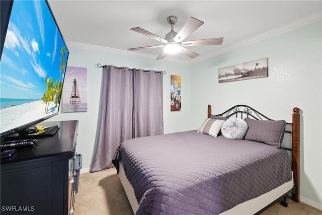 bedroom featuring light colored carpet, ceiling fan, and crown molding