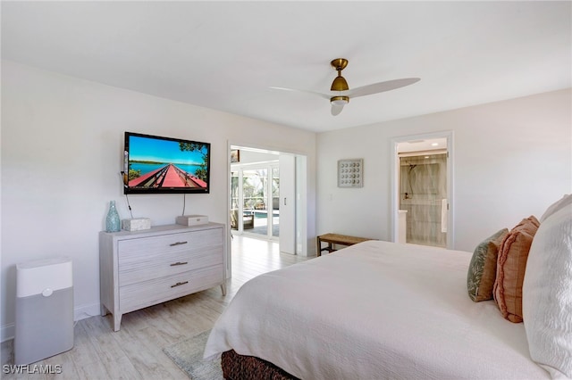 bedroom with light wood-type flooring, ensuite bath, and ceiling fan