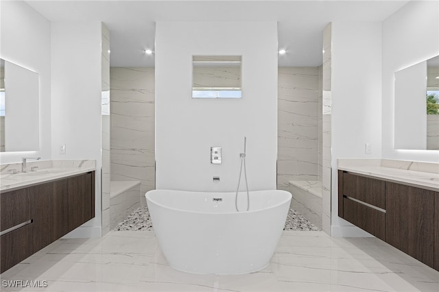 bathroom featuring plenty of natural light, vanity, and independent shower and bath