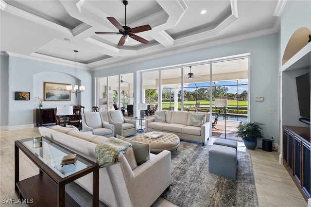 living room featuring crown molding, light hardwood / wood-style flooring, ceiling fan with notable chandelier, and coffered ceiling