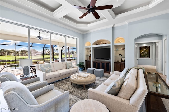 living room with beamed ceiling, built in features, crown molding, and coffered ceiling