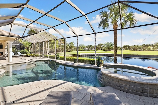 view of pool with a lanai, a patio area, a water view, and an in ground hot tub