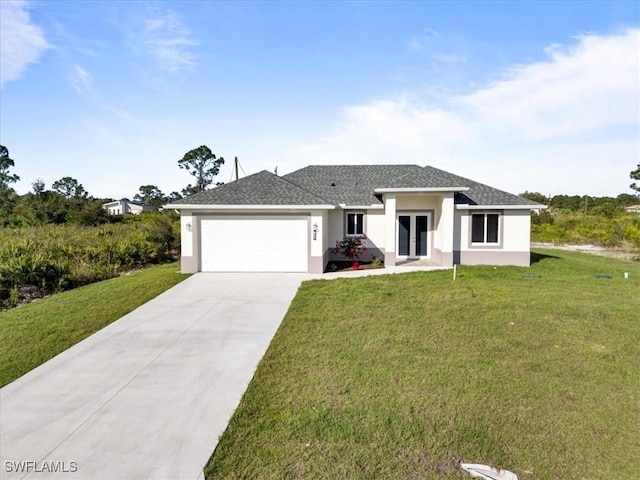 view of front of house featuring driveway, an attached garage, french doors, a front lawn, and stucco siding