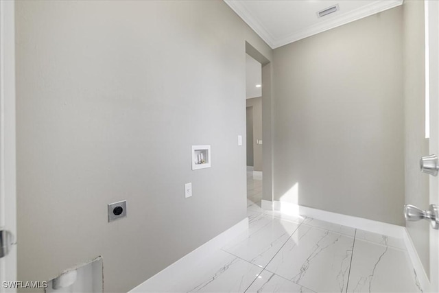 clothes washing area featuring hookup for a washing machine, laundry area, visible vents, marble finish floor, and electric dryer hookup