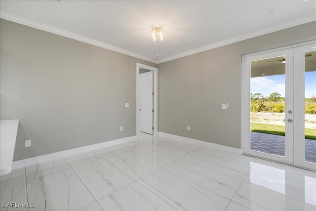 unfurnished room with ornamental molding, marble finish floor, french doors, and baseboards