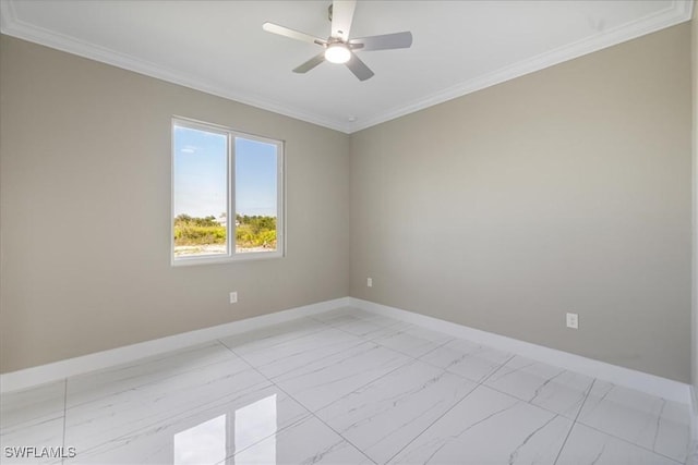 spare room with baseboards, marble finish floor, ceiling fan, and crown molding