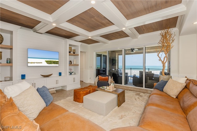 living room with wood ceiling, beam ceiling, built in features, coffered ceiling, and a water view