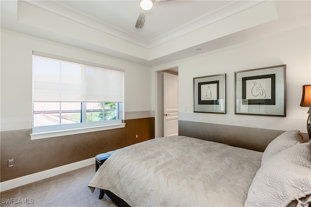 bedroom with ceiling fan, a tray ceiling, and carpet