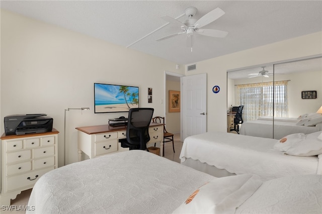 bedroom featuring ceiling fan and a closet