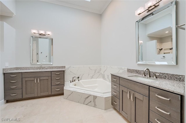 bathroom with tile patterned floors, vanity, ornamental molding, and tiled bath