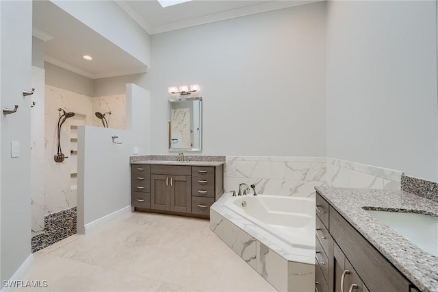 bathroom featuring vanity, plus walk in shower, crown molding, a skylight, and tile patterned flooring