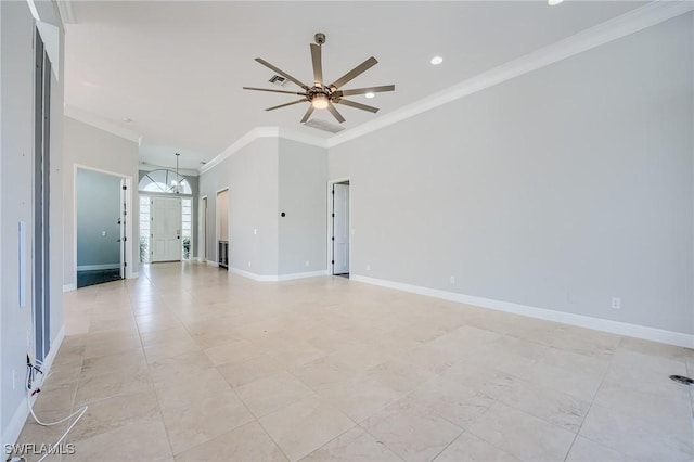 unfurnished room with ceiling fan and ornamental molding