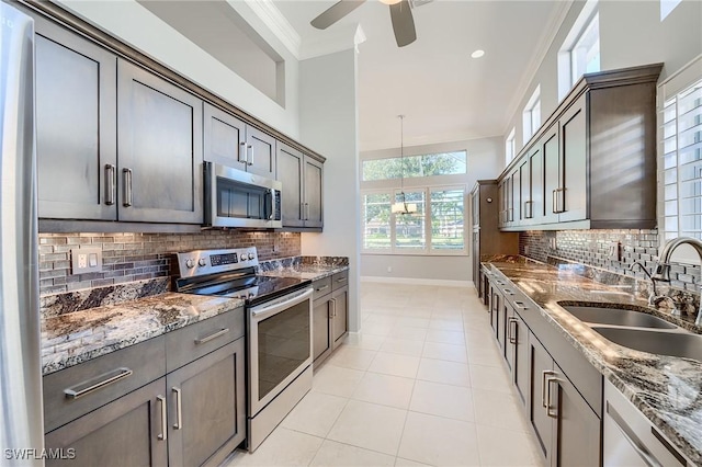 kitchen with backsplash, stainless steel appliances, crown molding, sink, and pendant lighting