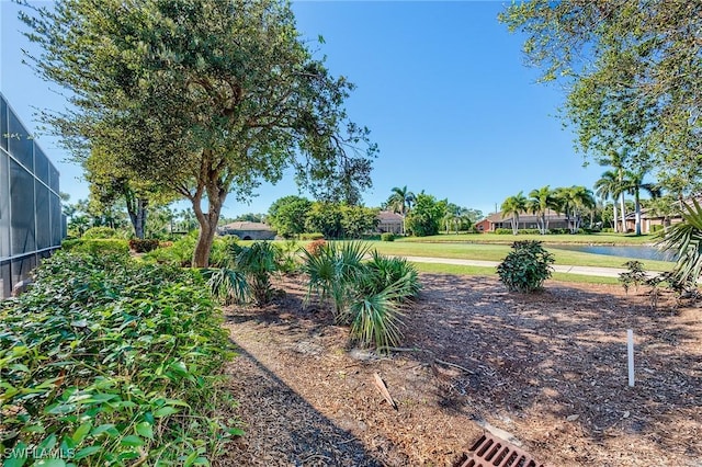 view of yard featuring a lanai and a water view