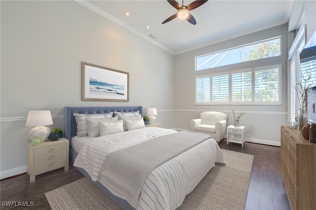 bedroom with multiple windows, ceiling fan, crown molding, and dark wood-type flooring